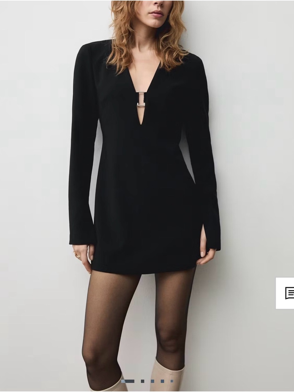 Mango Black Long-Sleeve Mini Dress with Plunge V-Bar